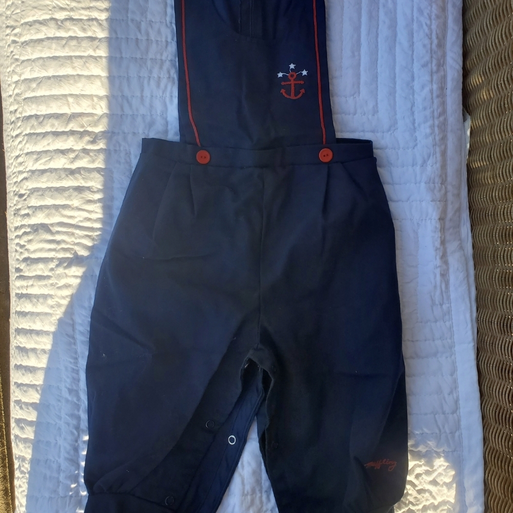 VTG Navy Blue Baby Overalls with Red Anchor Embroidered
